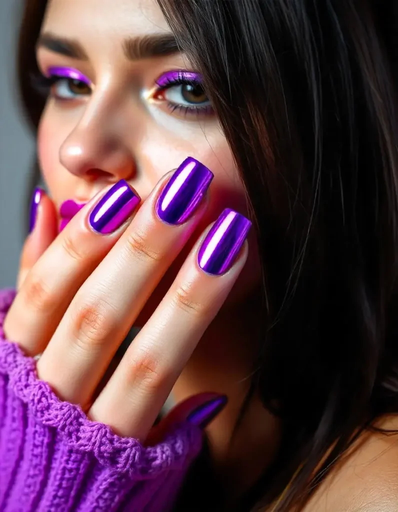 Selena Gomez-Inspired Chrome Purple New Year Nail Trends
