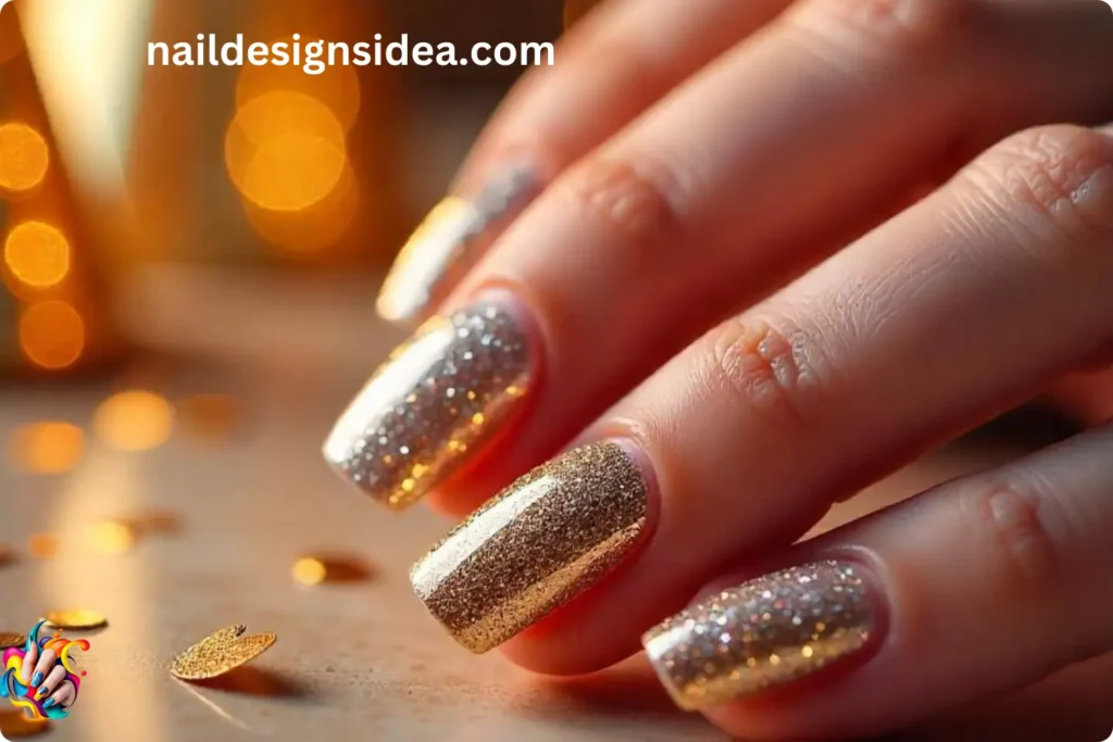 Silver and Gold Glitter Gradient Nails for New Year