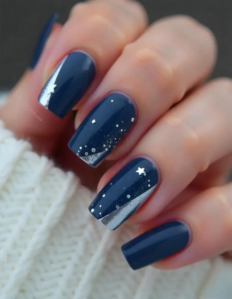 Silver and Midnight Blue Combo Nails