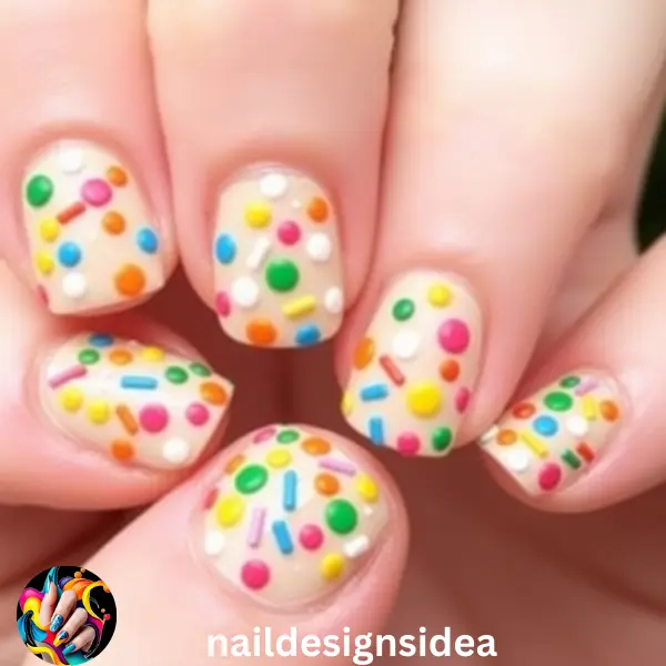 Tiny dots and colorful lines mimic the look of sprinkles on cookies. This playful design is ideal for adding a fun twist to your nails