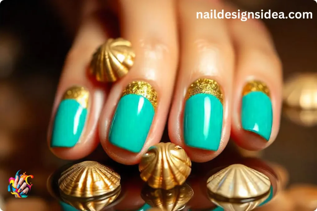 Teal and Gold Mermaid Nails
