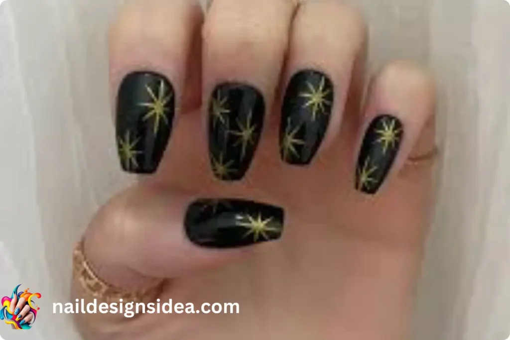 Velvet Black Nails with Gold Stars