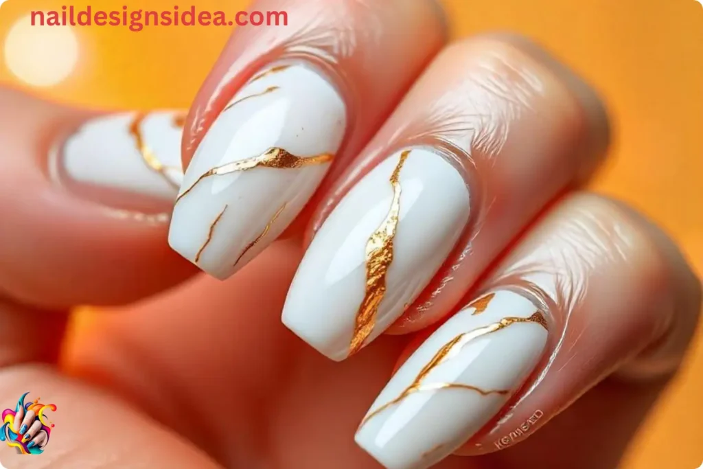 White and Gold Marble Effect Short Nails