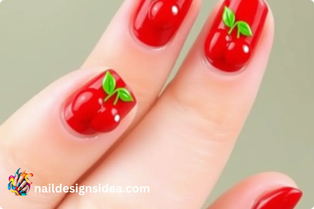 Cherry Romantic Hearts Nails for Valentine Manicure