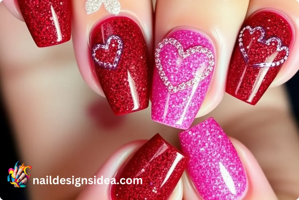 Glitter Hearts & Sparkly Romantic Nails