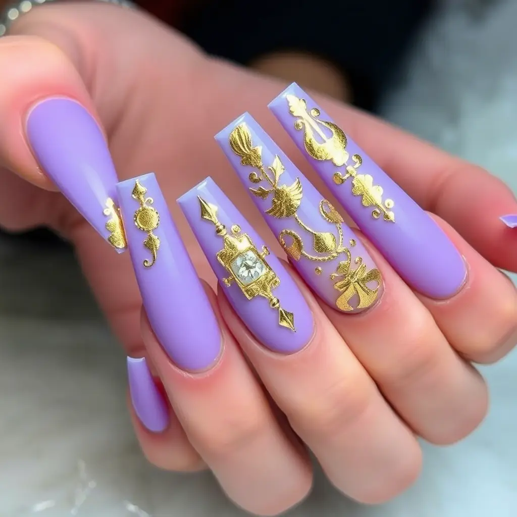 Lavender Coffin Nails with Gold Foil – Luxe & High-Fashion