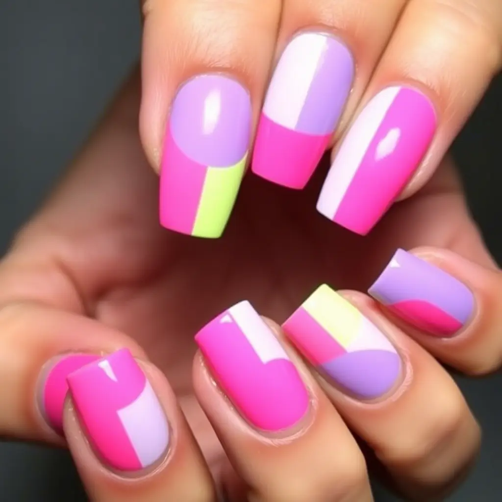 Lavender and Neon Pink Nails – A Bold Color-Blocked Statement