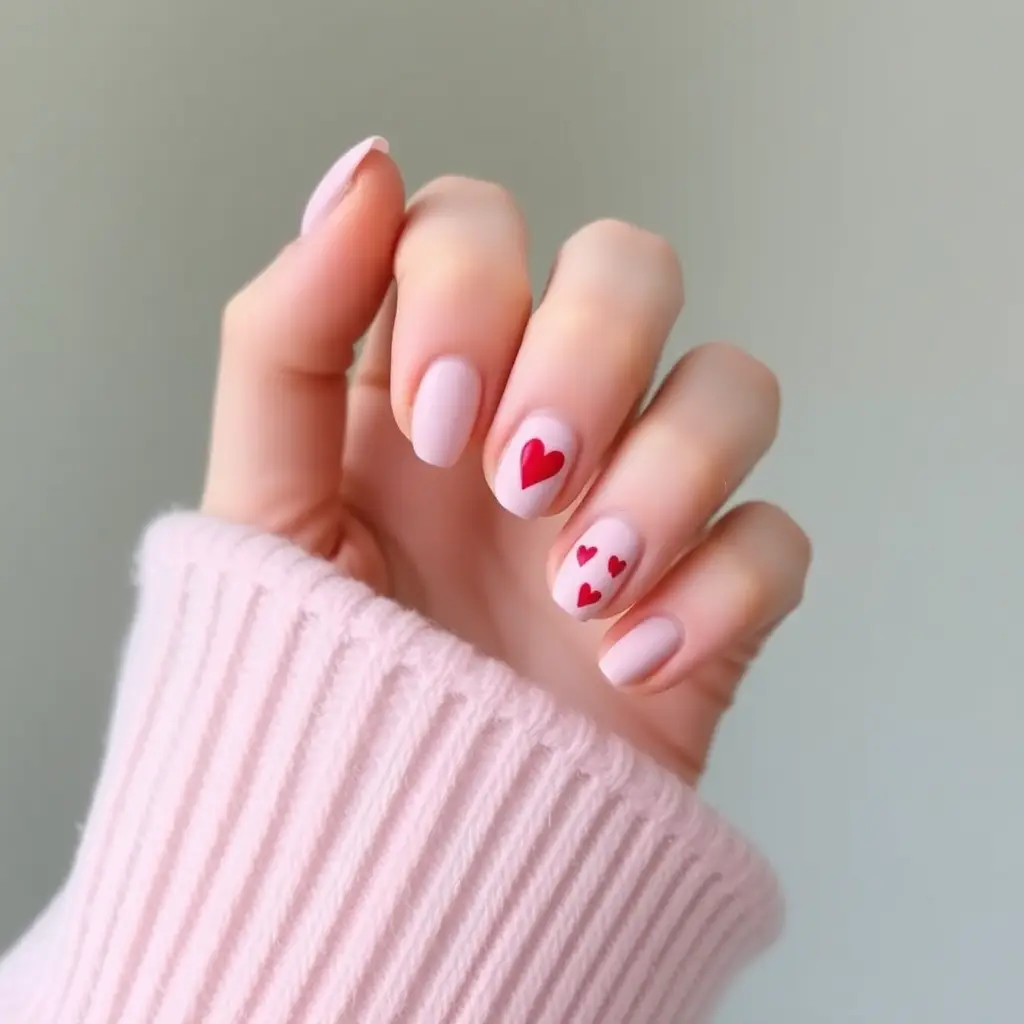 Matte Nude Nails with Red Hearts
