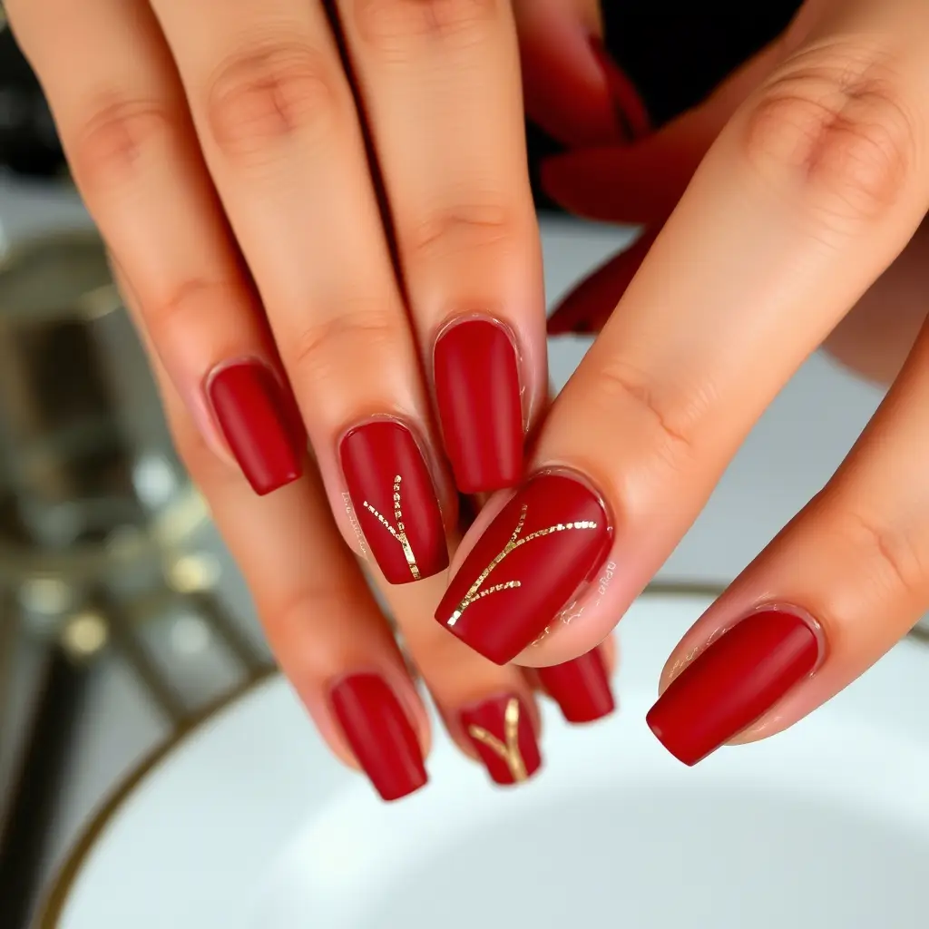 Matte Red Nails with Gold Accents – A Luxurious Touch