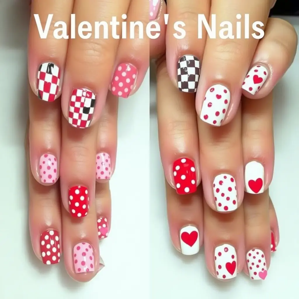 Mix & Match Love Nail Designs: Καρδιές: Σκακιέρες, πουά και καρδιές