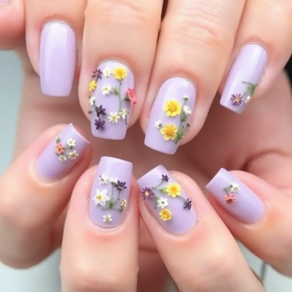 Pressed Flowers on Lavender Nails – Cottagecore Perfection