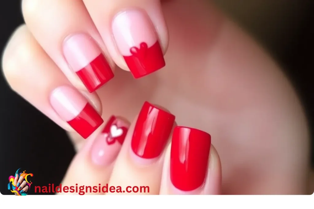 Red French Nail Tips with Heart Accents
