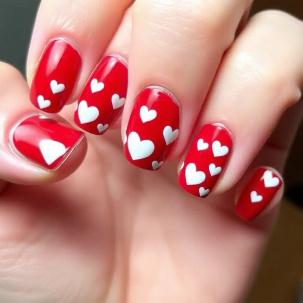 Red and White Heart Nails – Cute & Playful