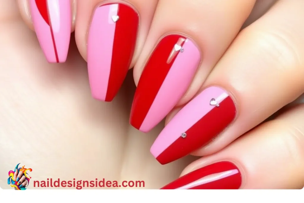 Split Red & Pink Nail Designs for Valentine Day