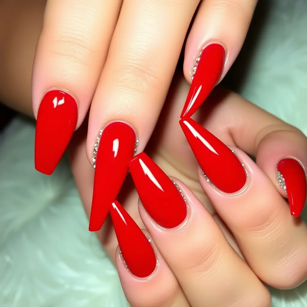 Stiletto Red Nails with Rhinestones – Glam & Fierce