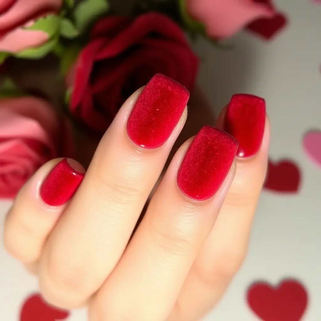 Valentine Special Velvet Red Nails – A Cozy, Soft-Textured Finish