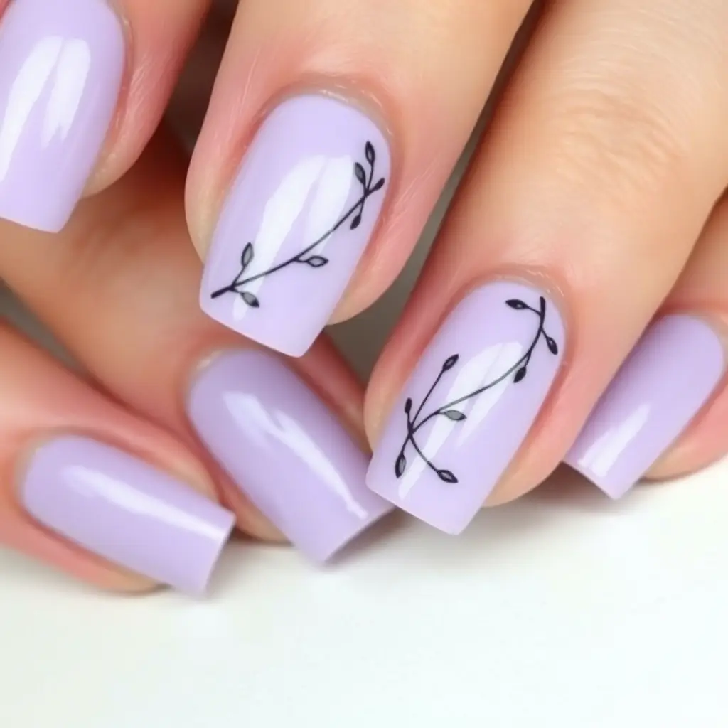 Vine & Leaf Nail Art on Lavender Base – Delicate and Artistic