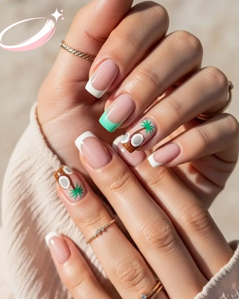 Beach-inspired Puerto Rico nails with sunset gradient and tiny star detail