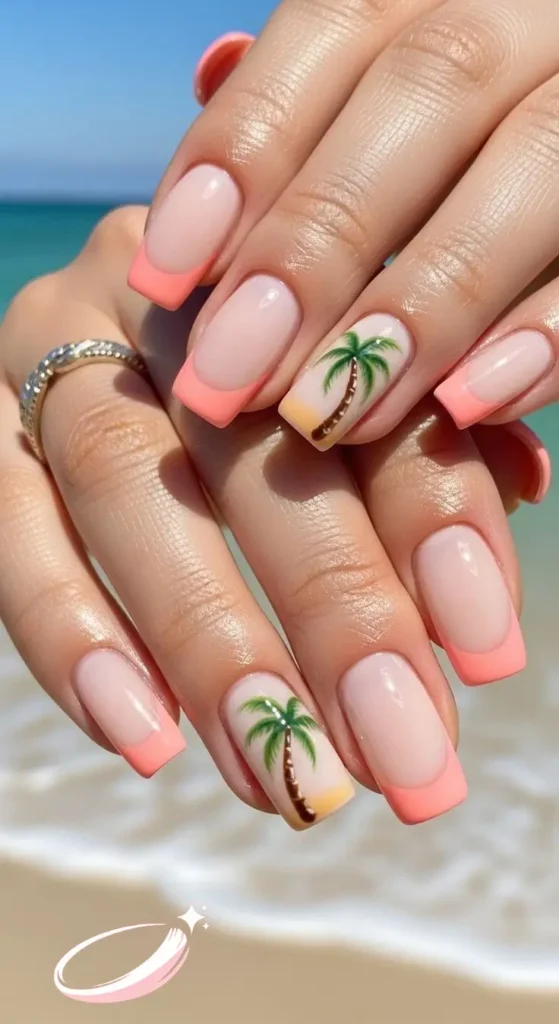 Bright summer Puerto Rican nail designs with palm leaves and gold accents