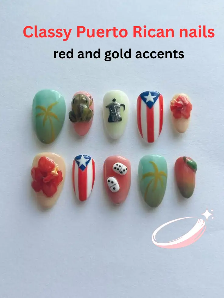 Classy Puerto Rican nails with red and gold accents