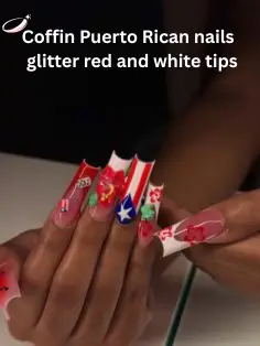 Coffin Puerto Rican nails with glitter red and blue tips