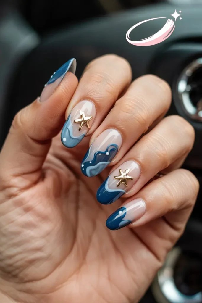 Cute Puerto Rico nails with tiny hibiscus flower accents