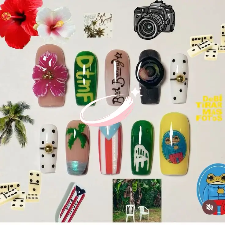 Elegant Puerto Rico nails with sheer nude and small flag