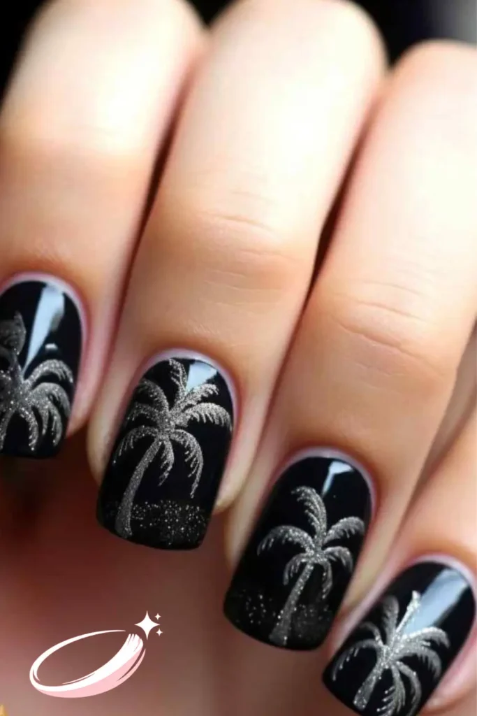 Glossy white Puerto Rico nails with minimalist palm tree accent