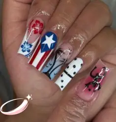 Long Arcyclic Puerto Rico nails with pastel tropical tones