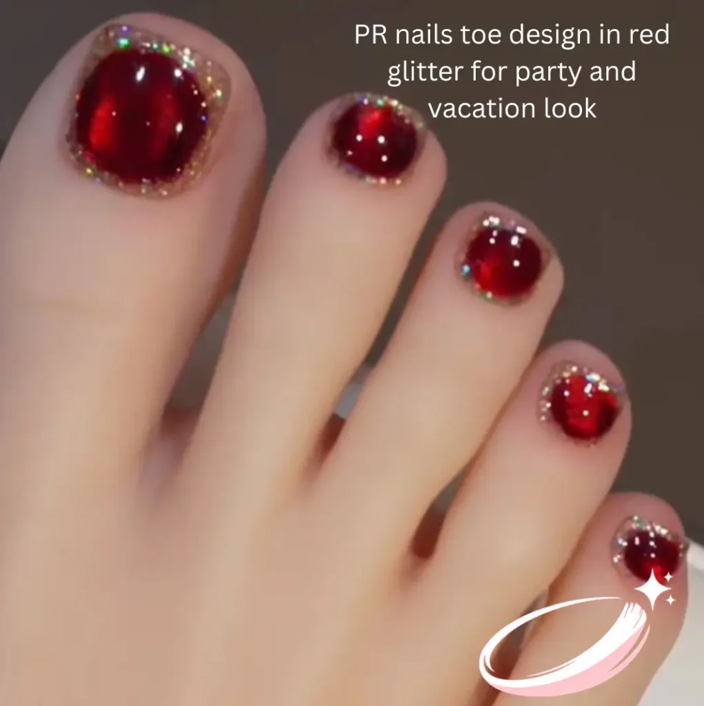 PR nails toe design in red glitter for party and vacation look