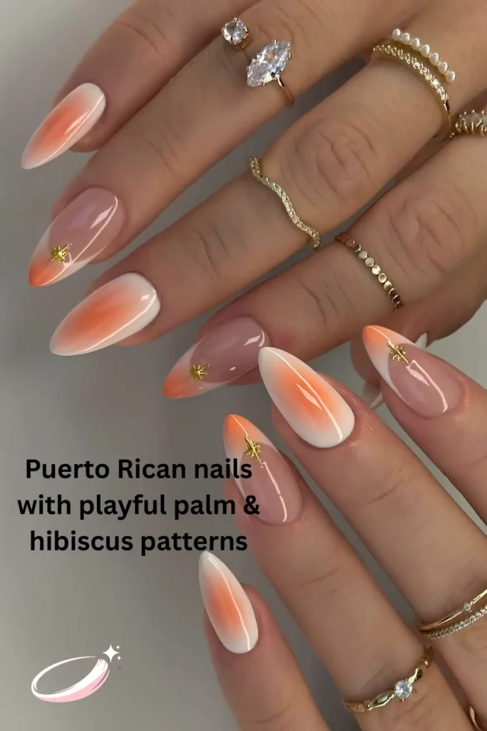 Puerto Rican nails with playful palm and hibiscus patterns