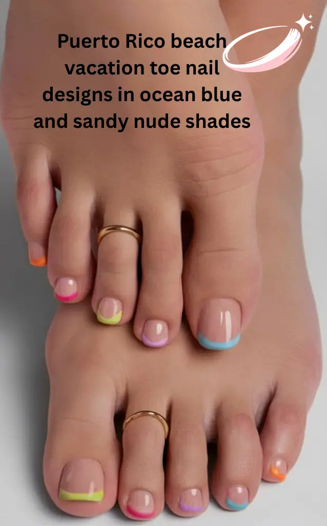 Puerto Rico beach vacation toe nail designs in ocean blue and sandy nude shades
