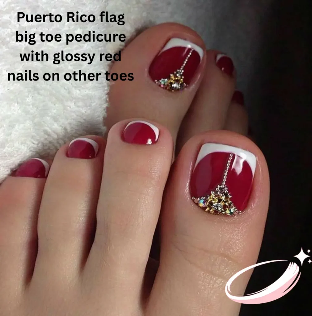 Puerto Rico flag big toe pedicure with glossy red nails on other toes