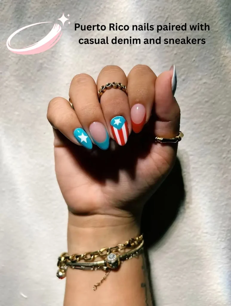 Puerto Rico nails paired with casual denim and sneakers