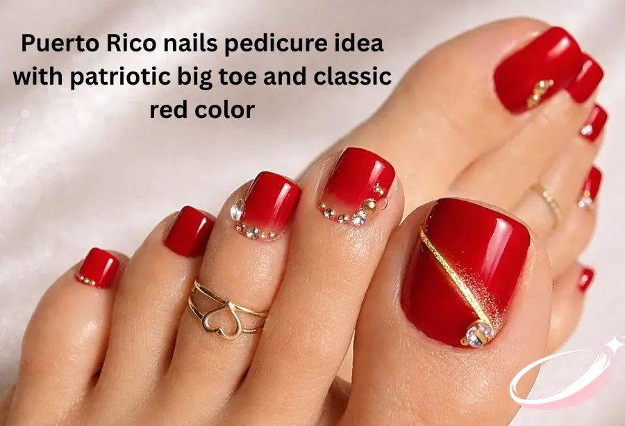 Puerto Rico nails pedicure idea with patriotic big toe and classic red color