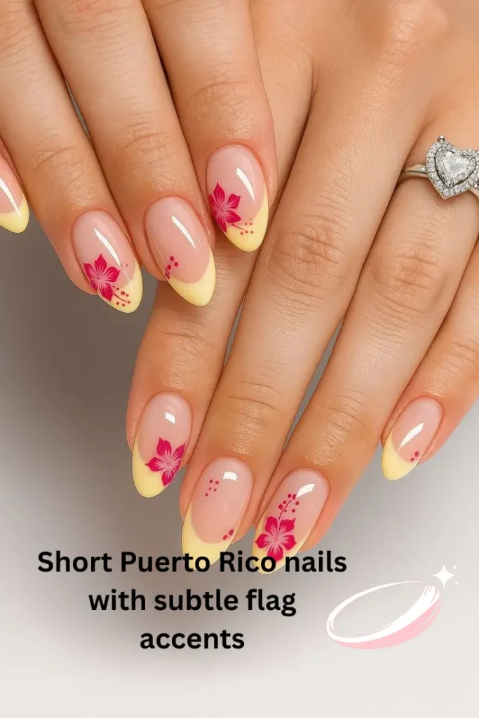 Short Puerto Rico nails with subtle flag accents