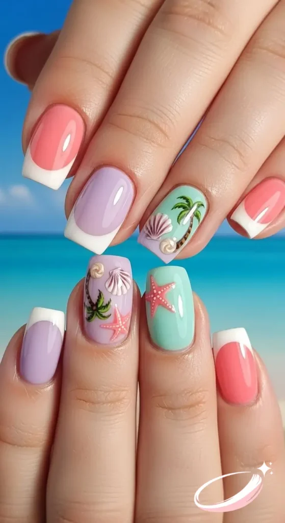 Short tropical Puerto Rican nails in pastel shades with minimalist palm design