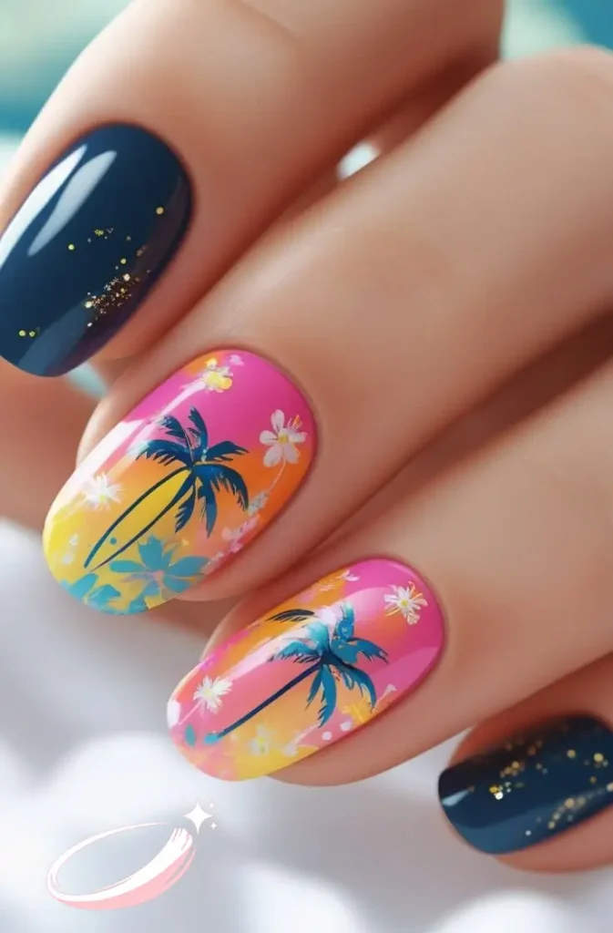 Summer Puerto Rican nails featuring clean white polish and palm detail