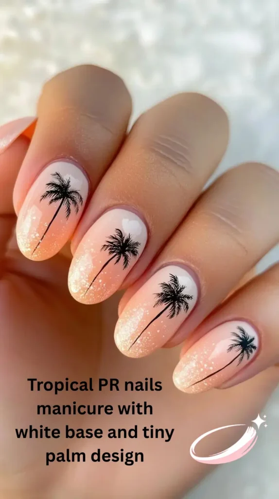 Tropical PR nails manicure with white base and tiny palm design