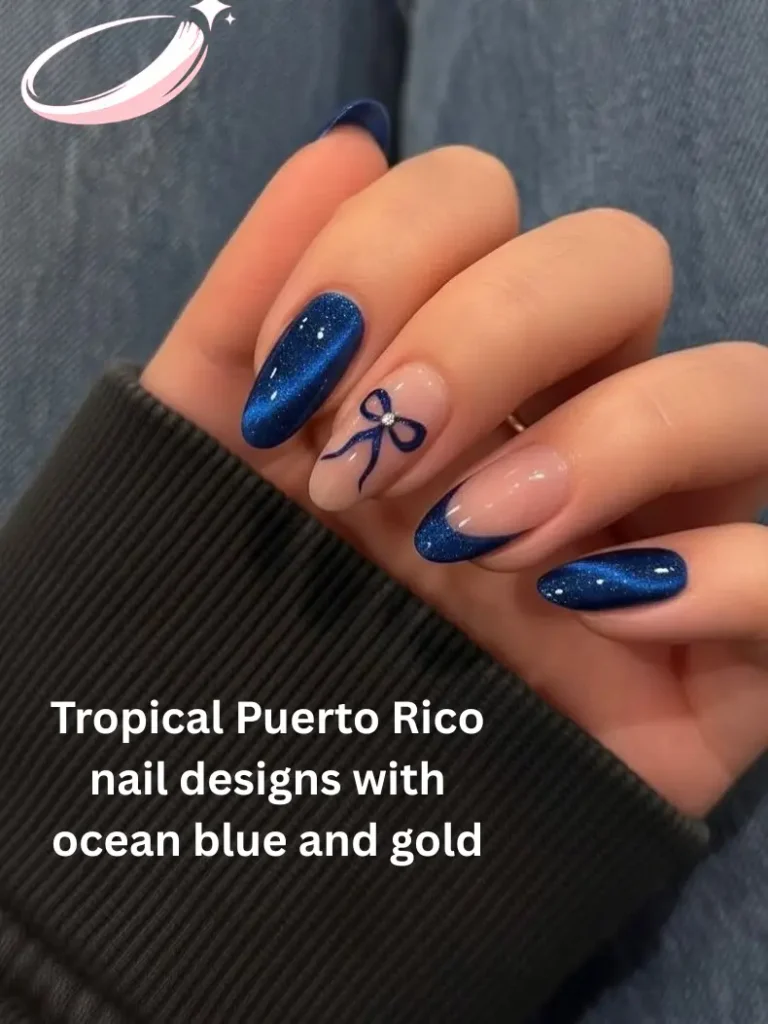 Tropical Puerto Rico nail designs with ocean blue and gold