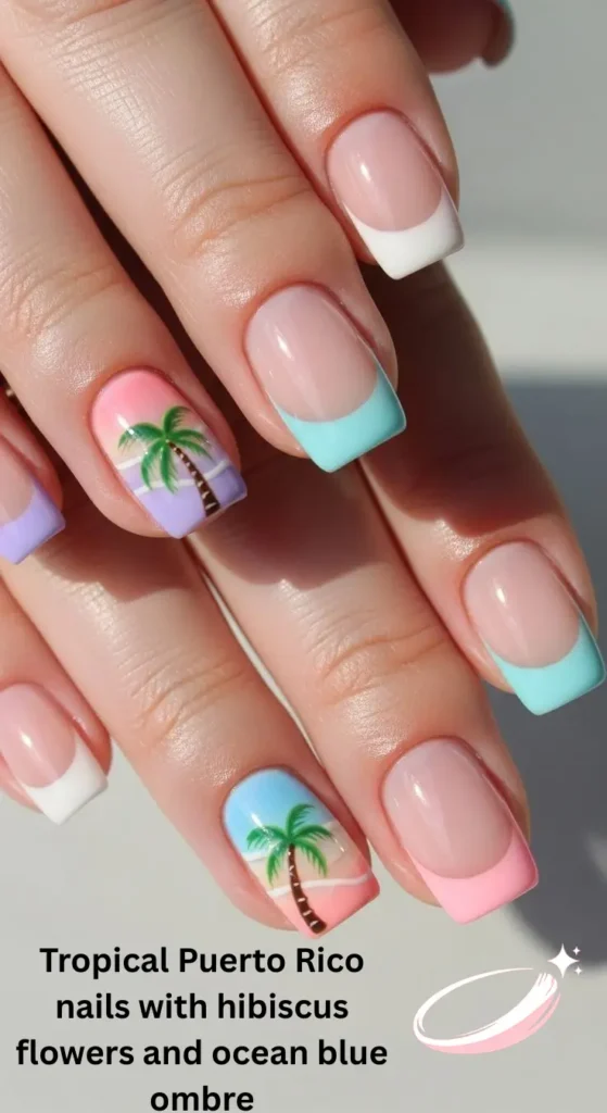 Tropical Puerto Rico nails with hibiscus flowers and ocean blue ombre