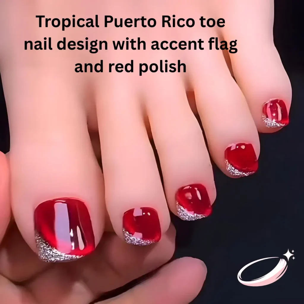 Tropical Puerto Rico toe nail design with accent flag and red polish