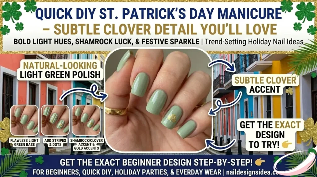 Acrylic St. Patrick’s Day nails with glitter green tips and shamrock accent