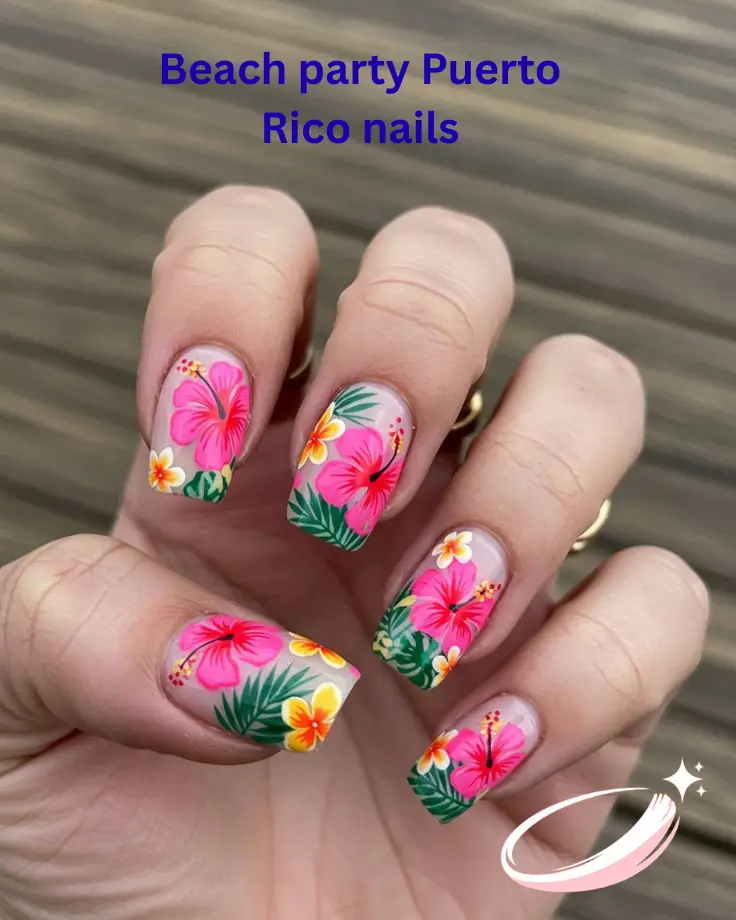 Beach party Puerto Rico nails in ocean blue and glitter details
