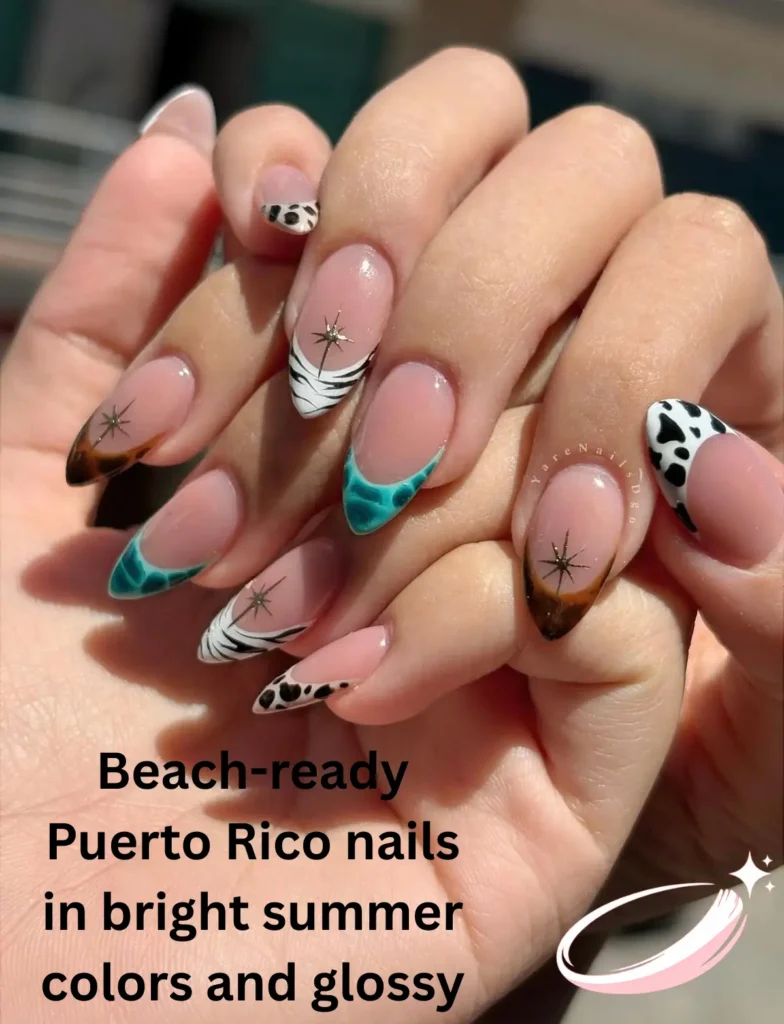 Beach-ready Puerto Rico nails in bright summer colors and glossy finish
