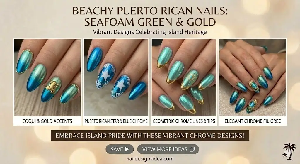 Beachy Puerto Rican nail design with seafoam green and gold accents