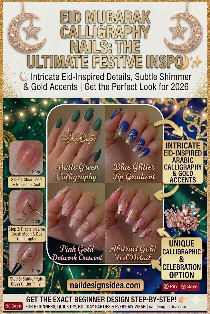 Beautiful Eid Mubarak accent nail idea for classy festive manicure