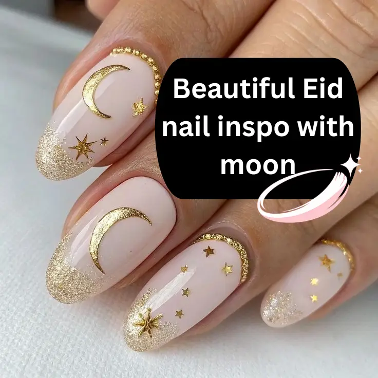 Beautiful Eid nail inspo featuring henna patterns and festive moon star nail art