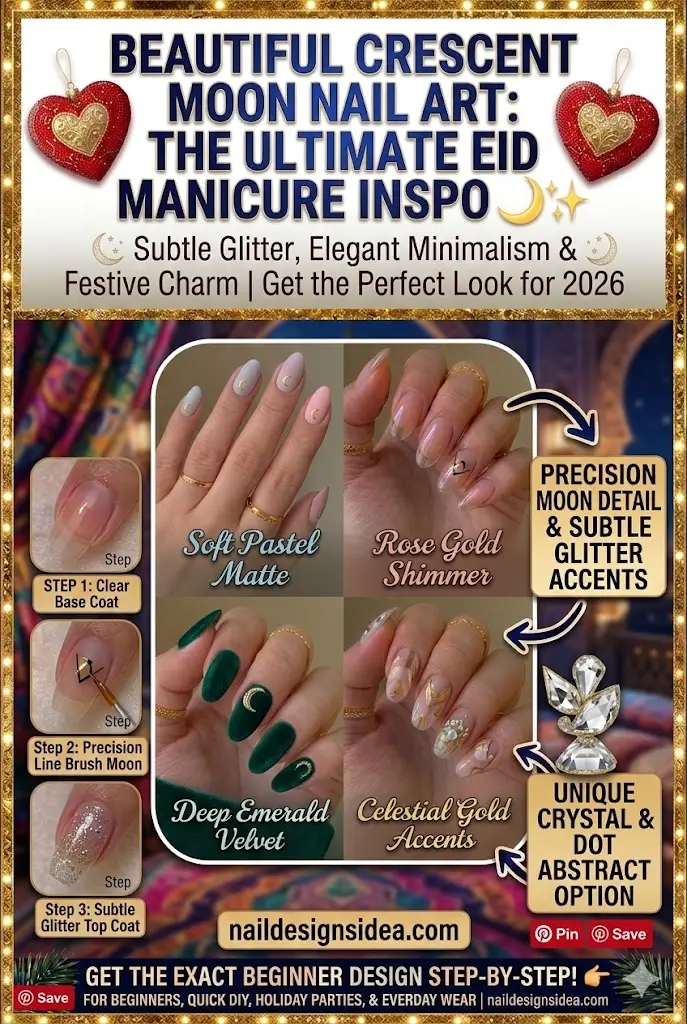 Beautiful crescent moon nail art design with subtle glitter for Eid manicure