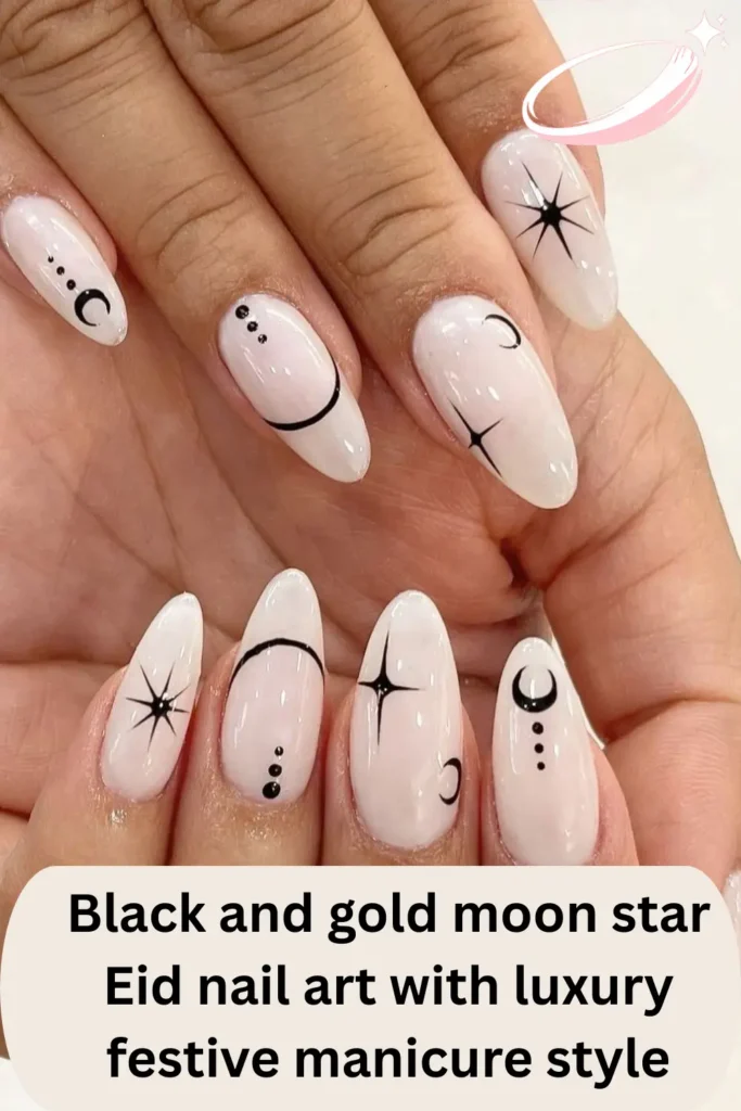 Black and gold moon star Eid nail art with luxury festive manicure style
